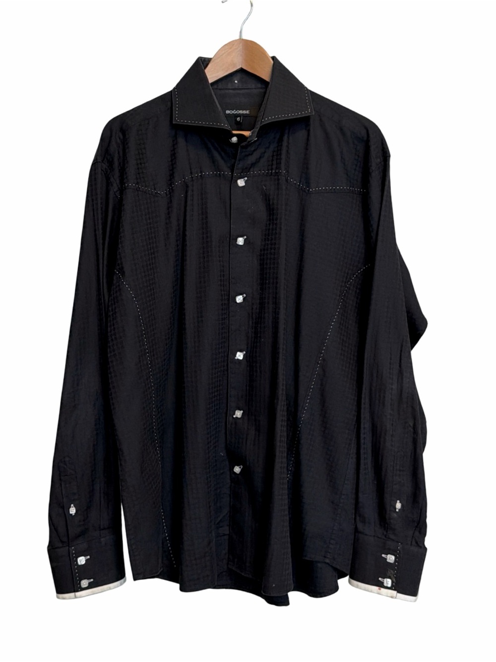 BOGOSSE Western-Vibe Button-Down Shirt | White Stitching | Black | XL